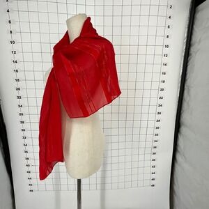 Women Red Luxury Silk Scarf Gold Stripe Sheer Lightweight Fashion Accessory